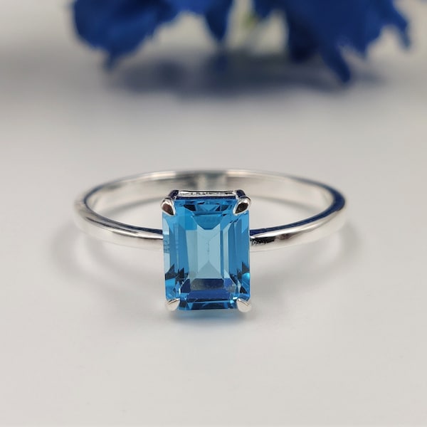 Genuine Natural London Blue Topaz Ring - 925 Solid Sterling Silver Ring - 6x8mm Octagon Emerald Cut Ring - Birthstone Ring - Solitaire Ring