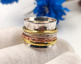 Hammered Spinner Ring - 925 Solid Sterling Silver Two Tone Spinner Band - Handmade Spinner Ring - Meditation Spinner Band Jewelry