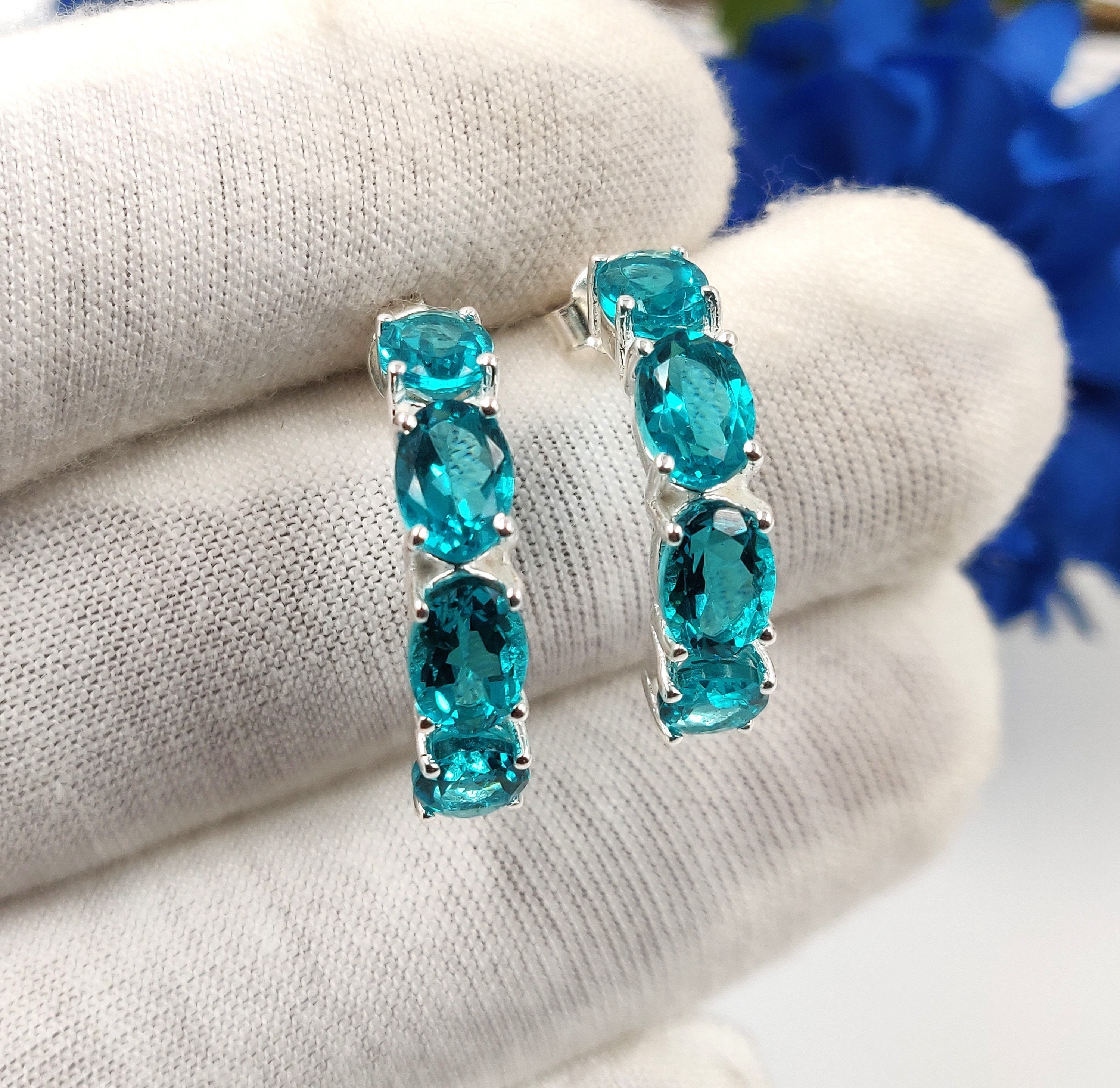 Orecchini Pendenti A Goccia In Citrino Verde Paraiba: Argento Platinato, Borchia, Fatti A Mano, Senza Nichel.