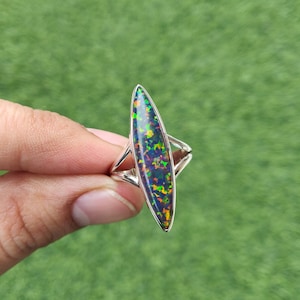 Black Opal Silver Ring - Solid 925 Sterling Silver Opal Long Marquise Ring - Handmade Silver Ring - Black Opal Jewelry - Birthstone Jewelry
