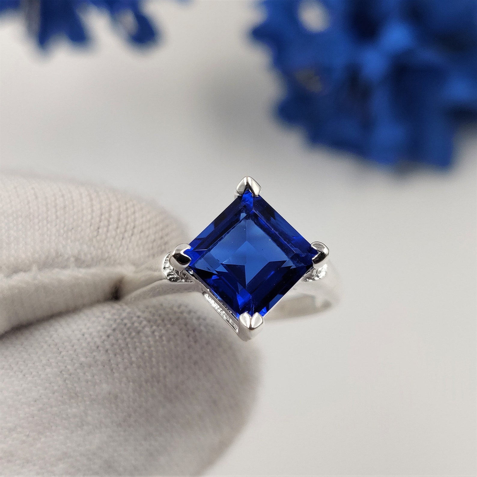 Amazing Blue Sapphire Square Ring - Solid 925 Sterling Silver Handmade ...