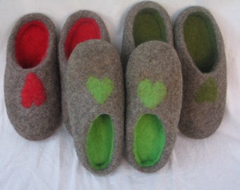 Valentine's Day - felt slippers with heart women + men slippers with rubber sole or felt sole latexed
