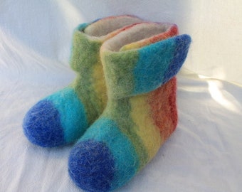 Regenbogen Filzpantoffeln Filzschuhe Damen+ Herren mit Klettverschluss, Gummisohle oder Filzsohle