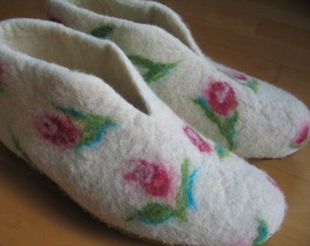 Damen Filzpantoffeln Filzschuhe Rosen Hausschuhe mit Wollfilzsohle oder Gummisohle handgefilzt
