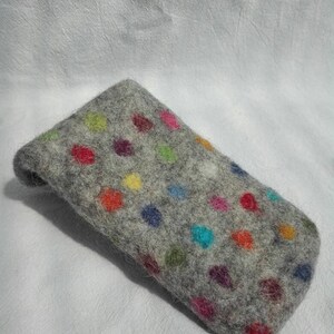 May include: A gray felt phone case with a colorful polka dot pattern. The dots are in various shades of red, blue, green, yellow, and pink.