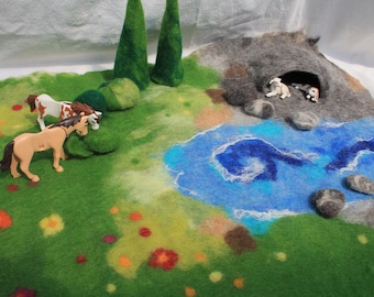 Fairy and flower felt landscape, a large felt playmat with cave, meadow, river, stones, bushes, hay + 2 fir trees