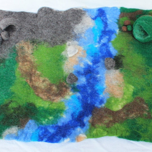 Large felt play mat with two caves, meadow, river and stones