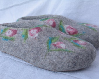 Damen Altrosa Rosen auf Grau Filzpantoffeln Filzschuhe  Hausschuhe Wollfilzsohle Hüttenschuh Puschen Finken