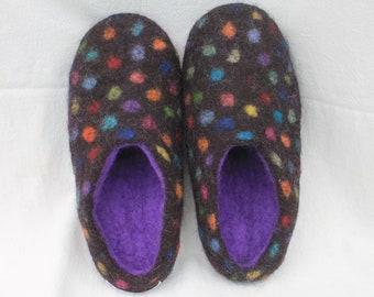 Felt slippers confetti with colorful dots Women + men slippers made of natural black wool with rubber soles or latexed wool felt soles