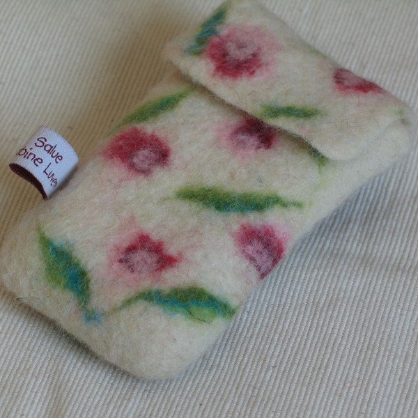 Rose red felted mobile phone case or tempo bag case wool felt roses white red Velcro fastener