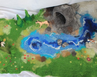 XXL fairy and flower felt landscape, with 2 large caves, ice landscape, meadow, river, stones, bushes, hay and two fir trees