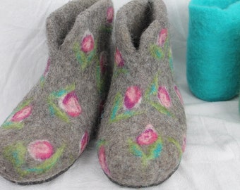 Women's autumn roses felt slippers, felt shoes, slippers, wool felt sole, hut shoe, slippers, finches