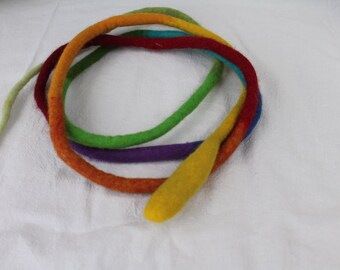 Rainbow felt snake hand felted skipping rope, lasso, cat toy, felt cords in rainbow colors