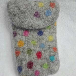 May include: A gray felt pouch with a flap closure. The pouch is decorated with colorful polka dots.