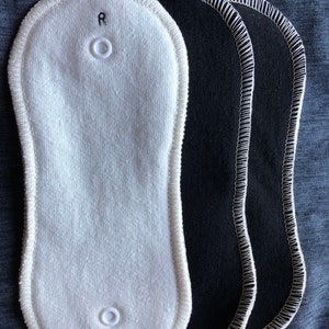 Organic Merino Wool Ladies' Cloth Pad with snap in inserts 8 and 12, regular and super absorbencies 8" super wool black