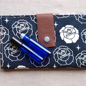 Essential Oil Rollerball Case Organic Cotton Canvas Holds 8 Roses on Black