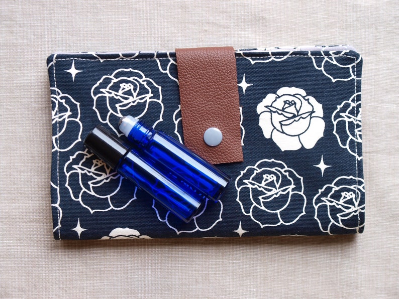 Essential Oil Rollerball Case Organic Cotton Canvas Holds 8 Roses on Black