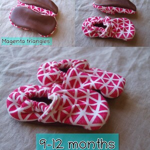 Organic Soft Leather Soled Children's Slippers Various Sizes Ready to Ship Magenta Triangles