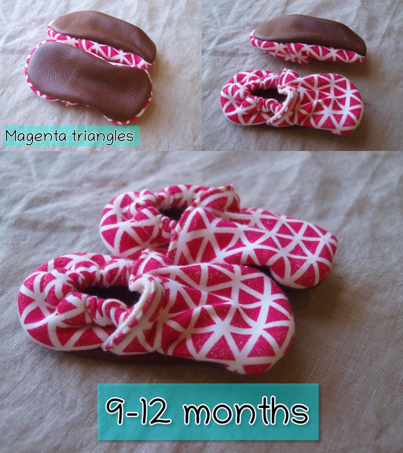 Organic Soft Leather Soled Children's Slippers Various Sizes Ready to Ship Magenta Triangles