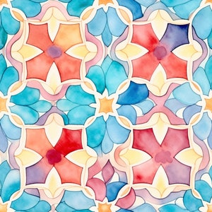 May include: A seamless pattern with a repeating geometric design. The pattern features a combination of yellow, red, blue, and purple watercolor shapes.