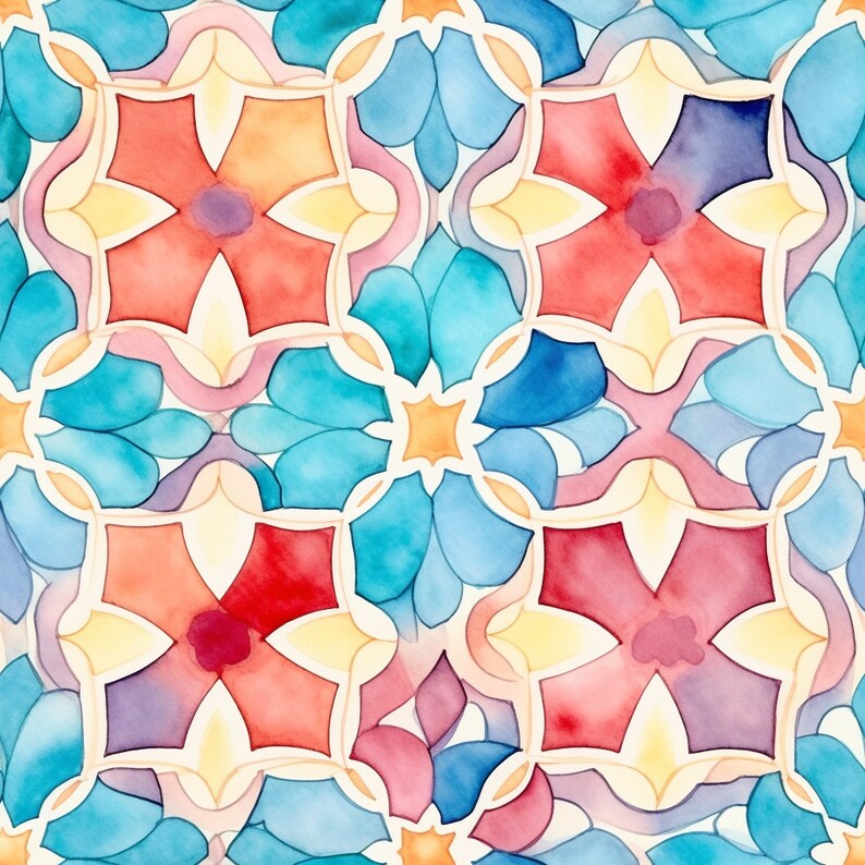 May include: A seamless pattern with a repeating geometric design. The pattern features a combination of yellow, red, blue, and purple watercolor shapes.