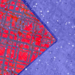 以下が含まれることがあります： 赤と青の抽象的な背景で、2つの色を斜めの線が分けている。赤い側は、白い星が散りばめられたグリッドパターンになっている。青い側は、白い星が散りばめられた無地の青い背景になっている。