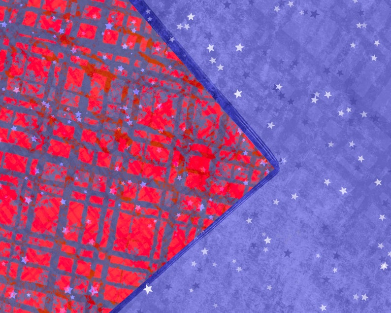 以下が含まれることがあります： 赤と青の抽象的な背景で、2つの色を斜めの線が分けている。赤い側は、白い星が散りばめられたグリッドパターンになっている。青い側は、白い星が散りばめられた無地の青い背景になっている。
