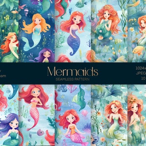 Mermaid Digital Paper, Mermaid Seamless Pattern, Marin Life Paper Pack, Fish Crafts print, Wrapping Paper, Instant download file, Sea Life