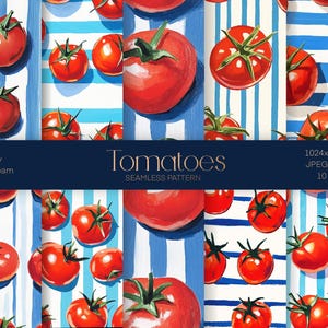 May include: Ten digital paper designs featuring red tomatoes on a blue and white striped background. The text "Tomatoes Seamless Pattern" is in the center of the image.