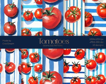 Summer 2024 Trends, Tomatoes Seamless Pattern, Scrapbooking Craft Supplies, Summer Wallpaper, Watercolor Painting of Tomatoes, Summer poster
