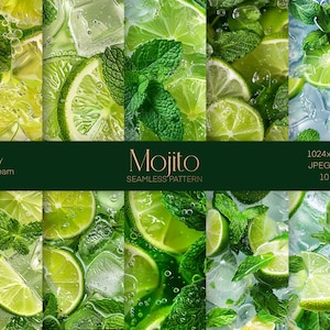 May include: A seamless pattern featuring a close-up of fresh green mint leaves, lime slices, and ice cubes. The pattern is perfect for creating a refreshing and summery design.