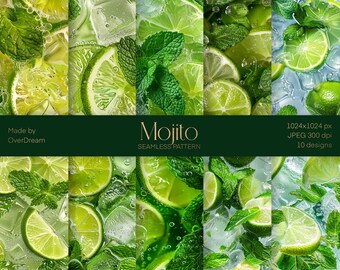 Mojito Design, Printable File, Cocktail Elements Seamless Pattern, Cocktail Paper, Wrapping Paper, Instant download file