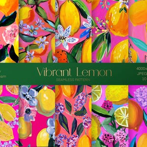 Lebendige Zitrone, nahtloses Muster - Handgemaltes digitales Papier mit Zitrusfrüchten, Sommerfrucht-Design, Geschenkpapier, Stoffdruck, Sofort Download