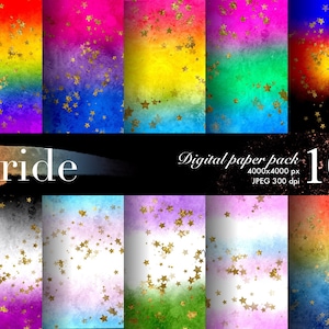 May include: A digital paper pack with 10 different designs featuring a rainbow gradient background with gold stars. The text "Pride" and "Digital paper pack 10 4000x4000 px JPEG 300 dpi" is included in the image.