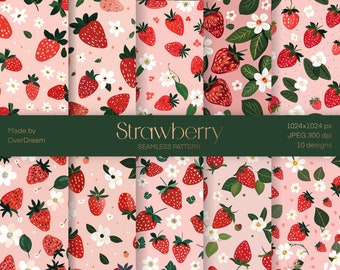 Strawberry Digital Paper, Printable File, Berries Seamless Pattern, Spring Paper, Berry Craft print, Wrapping Paper, Instant download file