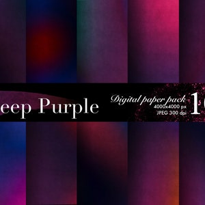 Op de afbeelding: Een digitaal papierpakket met 10 dieppaarse verloopachtergronden. Het pakket is 4000x4000 pixels en 300 dpi. De tekst "Deep Purple" staat bovenaan de afbeelding.