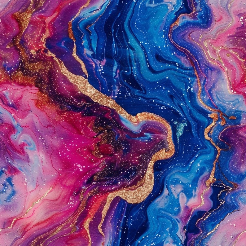 Puede incluir: Impresi&oacute;n de arte abstracto con colores azul, rosa y morado que se arremolinan con acentos de purpurina dorada. Los colores se mezclan para crear un efecto de m&aacute;rmol.
