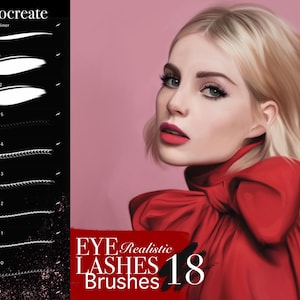May include: A set of 18 Procreate brushes for creating realistic eyelashes. The brushes are shown on a black background with white outlines. The text "EYE Realistic LASHES 18 Brushes" is in the lower right corner of the image.