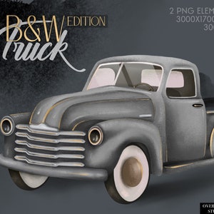 Truck Clip Art, Pick Up Clipart, Old Vintage Retro Car, Pickup Drawing, Isolated PNG, Trucks Invitation Illustration, Clack And White Cars