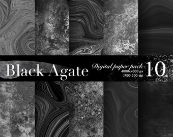 May include: A digital paper pack with ten black and white agate-style textures. The textures range from swirling patterns to mottled and distressed effects. The text "Black Agate" and "Digital paper pack 10" are included.