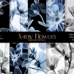 Op de afbeelding: Een digitale kunstprint met tien naadloze patronen van röntgenbloemen in blauwe en witte tinten, tegen zwarte en witte achtergronden. De afbeelding bevat de tekst "X-ray Flowers" en "SEAMLESS PATTERN". De beeldresolutie is 1024x1024 px.