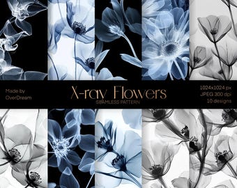 DIGITAL PAPER Bundle, Xray Flowers Seamless Texture Pack, Scrapbooking Craft Supplies, Flowers Wallpaper, Black Background, BW Texture