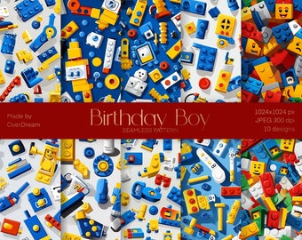 Feestvarken naadloos patroon, Kids Digital Paper, Lego Design Clipart, Boys party Achtergrond, Pretty Repeat Patroon, Tegelbare illustratie