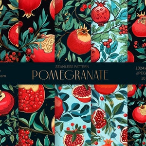 May include: Ten seamless patterns featuring red pomegranates with green leaves and red berries on a dark blue background. The text "SEAMLESS PATTERN POMEGRANATE" is displayed in gold lettering on a black background. The text "1024x1024 px JPEG 300 dpi 10 designs" is displayed in white lettering on a black background.