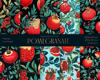 Pomegranate Seamless Pattern Set, Printable Wrapping Paper, Fruit pattern, Surface Design pattern, Vector art, Instant Download Design