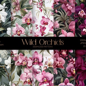 Könnte beinhalten: Ein Set mit 15 digitalen nahtlosen Mustern mit verschiedenen Orchideenblüten in unterschiedlichen Farben und Stilen. Die Muster umfassen weiße Orchideen auf schwarzem Hintergrund, rosa Orchideen auf weißem Hintergrund und violette Orchideen auf schwarzem Hintergrund. Der Text "Wild Orchids Seamless Pattern" ist in goldenen Buchstaben dargestellt.