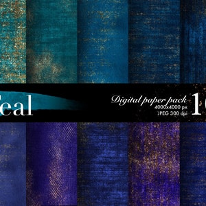 Paquete de papel digital, paquete de texturas Teal Blu, papel tapiz para manualidades y scrapbooking, brillos dorados, efecto bronce, productos con patrones textiles