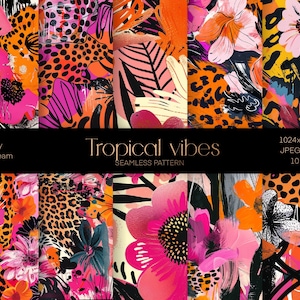 Carta digitale Tropical Vibes, file stampabile, modello senza giunture di elementi astratti, carta leopardata, carta da imballaggio, file di download istantaneo