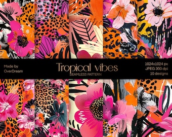 Papel digital Tropical Vibes, archivo imprimible, patrón sin costuras de elementos abstractos, papel leopardo, papel de envolver, archivo de descarga instantánea