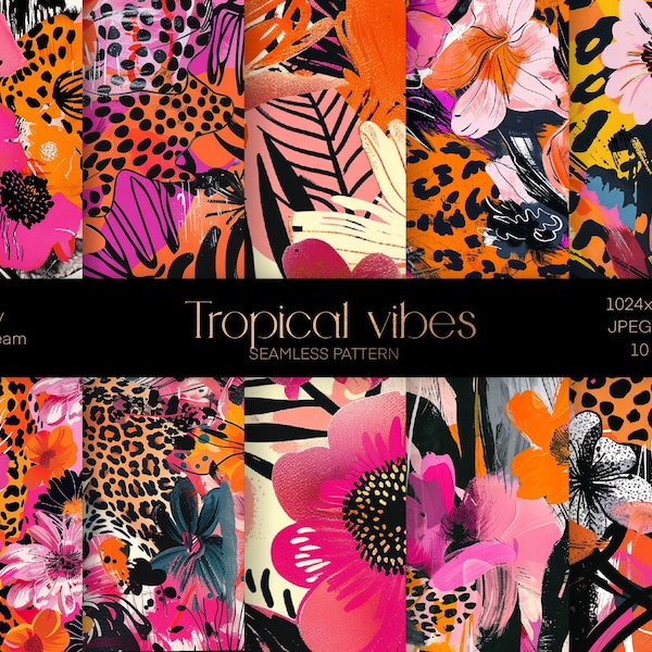 Tropical Vibes Digital Paper, Printable File, Abstract Elements Seamless Pattern, Leopard Paper, Wrapping Paper, Instant download file